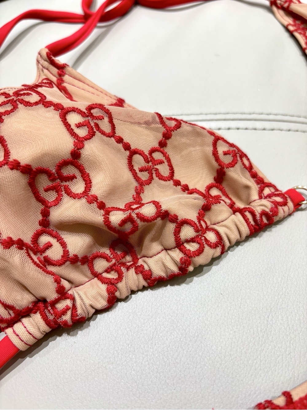 Gucci Beige and Red GG Logo Triangle Bikini Set - Picture 7 of 9